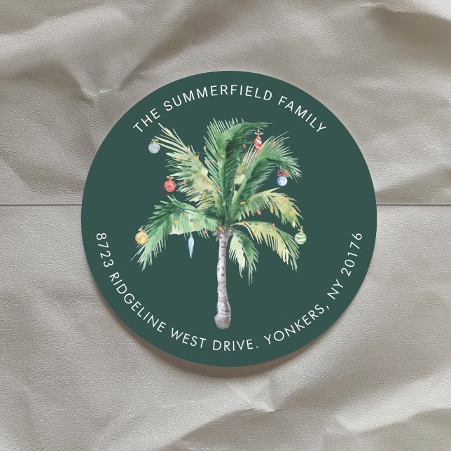 Pegatina Redonda Árbol de Palma Dirección de Navidad Costera (Palm Tree Coastal Christmas Return Address Classic Round Sticker)