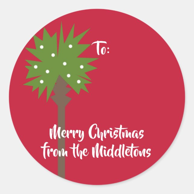 Pegatina Redonda Árbol de palmas con luces Navidades blancas (Anverso)