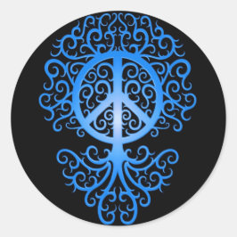 Pegatina Redonda Árbol de paz, azul y negro