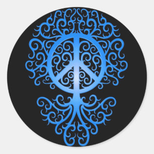 Pegatina Redonda Árbol de paz, azul y negro