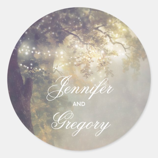 Pegatina Redonda Arbol de roble rústico y cadenas iluminan matrimon (Anverso)