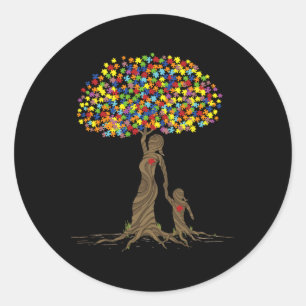 Pegatina Redonda Árbol de rompecabezas amor mamá e hija autista Aut