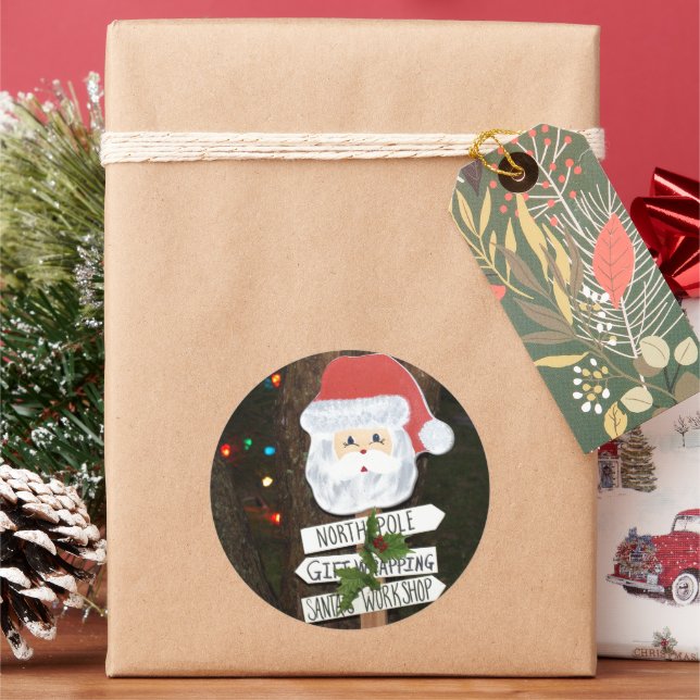 Pegatina Redonda Árbol de Santa Claus enciende polo norte (Vacaciones)