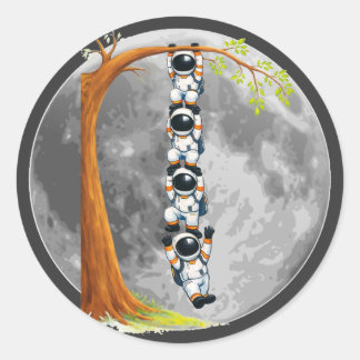 Pegatina Redonda Árbol de trabajo en equipo de astronautas 