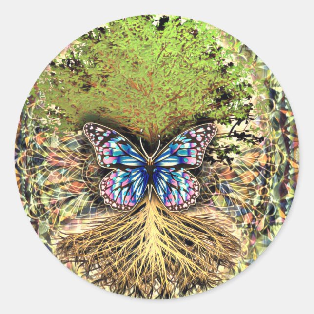 Pegatina Redonda Árbol de vida con oro mariposa (Anverso)