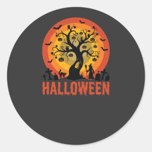 Pegatina Redonda Árbol Embrujado de Halloween Bruja y Gatos Negros