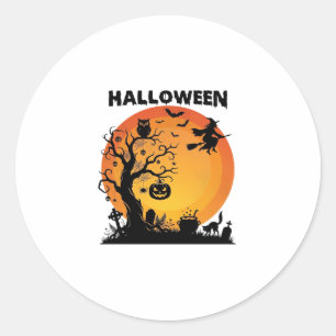 Pegatina Redonda Árbol espeluznante de Halloween Bruja voladora Lun