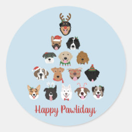 Pegatina Redonda Árbol feliz de Navidad del perro de los Pawlidays