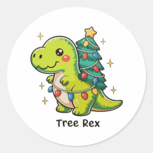 Pegatina Redonda Árbol lindo Rex Navidad Dinosaurio T Rex Luces de