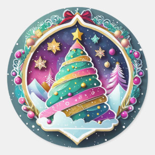 Pegatina Redonda Árbol mágico de Navidad