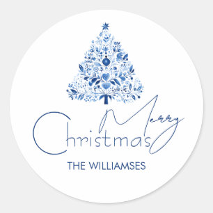 Pegatina Redonda Árbol minimalista de Navidad Blanco y Azul