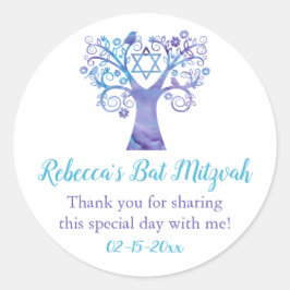 Pegatina Redonda Árbol morado de color de agua Verde azulado de Lif