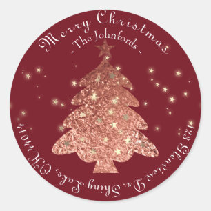 Pegatina Redonda Árbol navideño Feliz RSVP Burgundy Gold Rosa