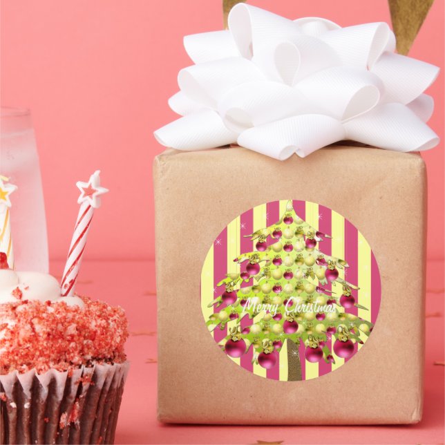 Pegatina Redonda Árbol navideño limón con ornamentos de ciruela (Fiesta)