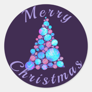 Pegatina Redonda Árbol púrpura de Feliz Navidad con Baubles abstrac