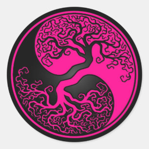 Pegatina Redonda Árbol rosa y negro de la vida Yin Yang