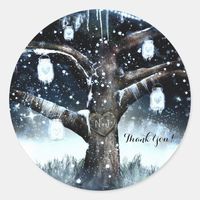 Pegatina Redonda Árbol Rústico Winter Wonderland enciende jarras de (Anverso)