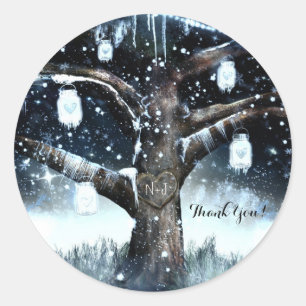 Pegatina Redonda Árbol Rústico Winter Wonderland enciende jarras de