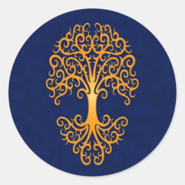 Pegatina Redonda Árbol tribal de vida azul dorado