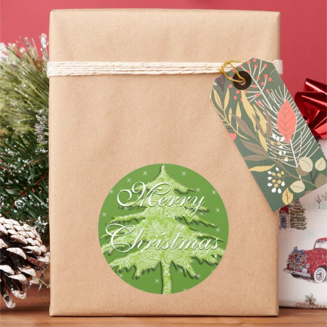 Pegatina Redonda Árbol verde de Navidad con estrellas (Vacaciones)