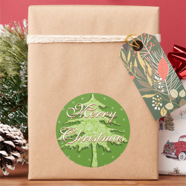 Pegatina Redonda Árbol verde de Navidad con estrellas (Vacaciones)