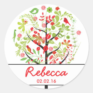 Pegatina Redonda Árbol verde rojo de aves vitales murciélagos Mitzv