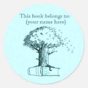Pegatina Redonda Árbol y libro, azul claro