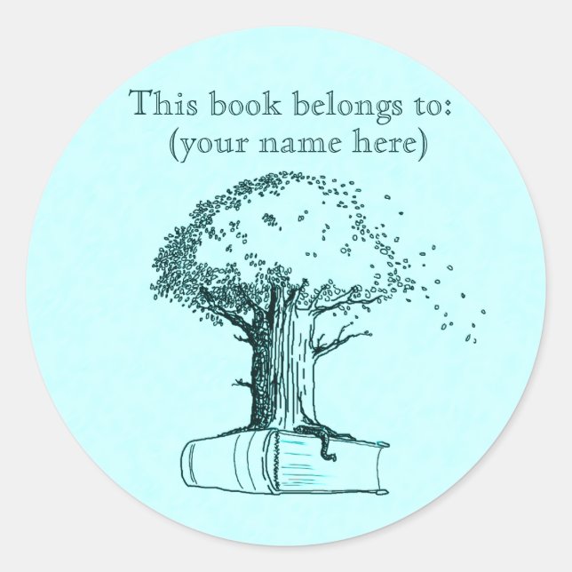 Pegatina Redonda Árbol y libro, azul claro (Anverso)