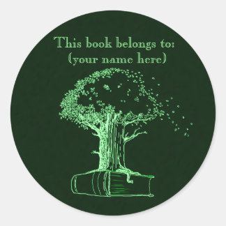 Pegatina Redonda Árbol y libro, verde