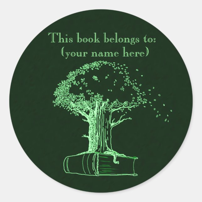Pegatina Redonda Árbol y libro, verde (Anverso)