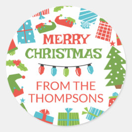 Pegatina Redonda Árbol y Regalos Retro Extraordinarios