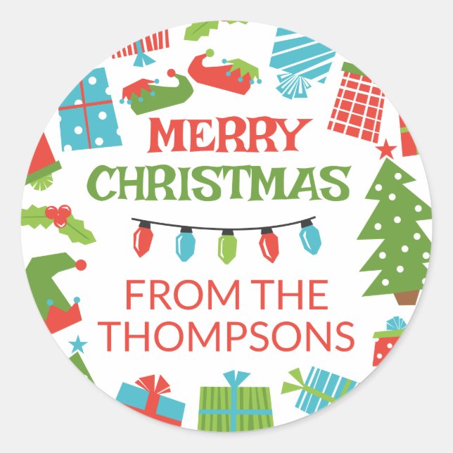 Pegatina Redonda Árbol y Regalos Retro Extraordinarios (Anverso)