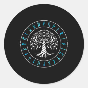 Pegatina Redonda Árbol Yggdrasil de la Vida Runas Vikingas Mitologí