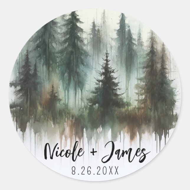 Pegatina Redonda Árboles acuarelas Boda rústico de naturaleza silve (Anverso)