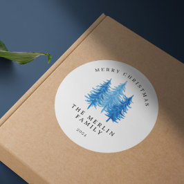 Pegatina Redonda Árboles acuáticos modernos Feliz Navidad