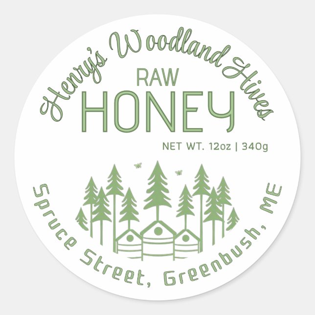 Pegatina Redonda Árboles de bosques y miel de abejorro (Anverso)
