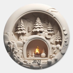 Pegatina Redonda Árboles de chimenea 3D navidades