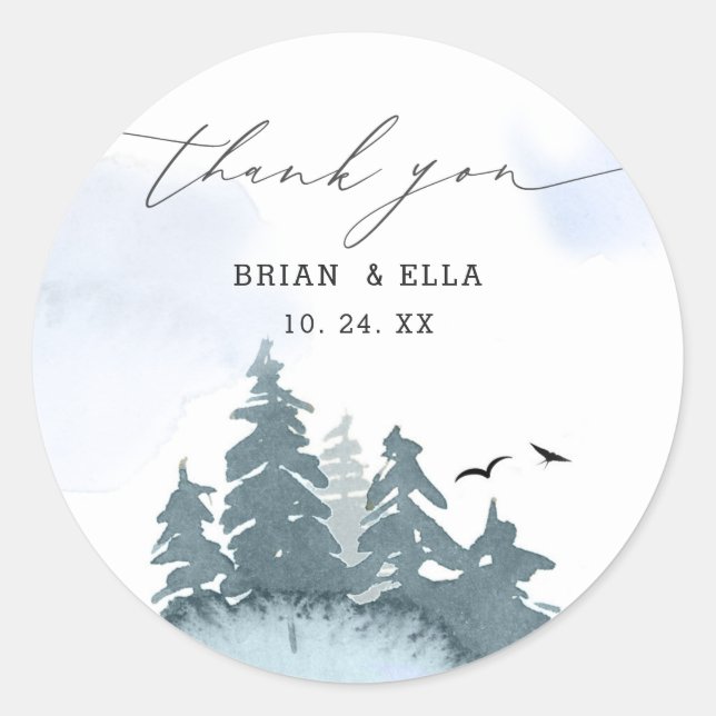 Pegatina Redonda Árboles de conferencia Boda azul Gracias (Anverso)