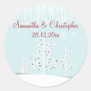 Pegatina Redonda Árboles de invierno y Boda de copos de nieve