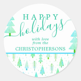 Pegatina Redonda Árboles de Navidad Costeros Script de FELICES FIES