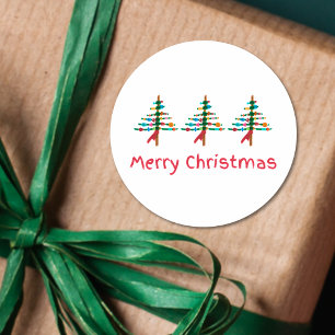 Pegatina Redonda Árboles de Navidad Hechos a Mano – Moderno Feliz N