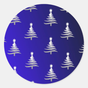 Pegatina Redonda Árboles de Navidad Plateados sobre Azul Cobalto