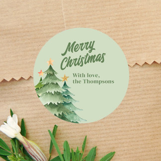 Pegatina Redonda Árboles de Navidad Verde Acuarela Personalizado