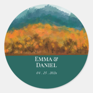 Pegatina Redonda Árboles del bosque de otoño Montaña azul Acuarela