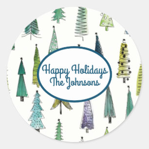 Pegatina Redonda Árboles Evergreen de vacaciones de invierno