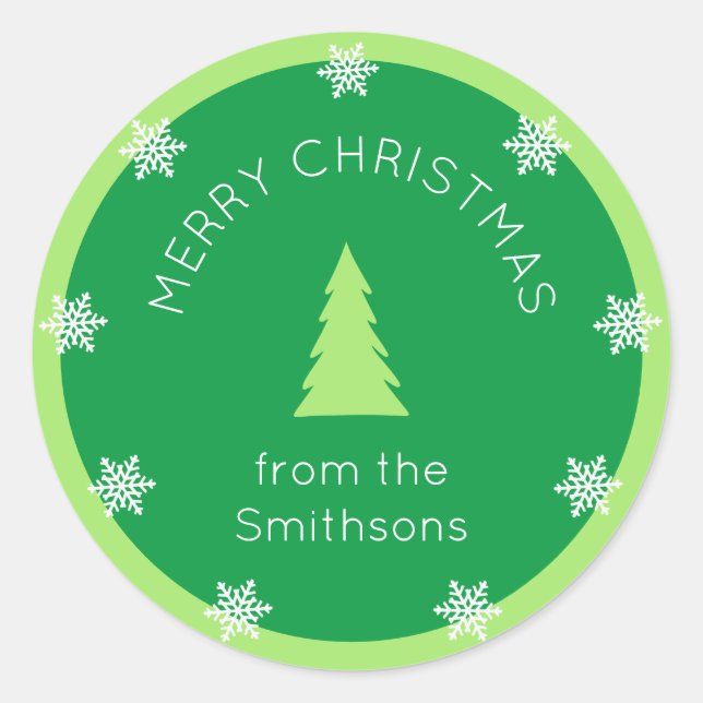 Pegatina Redonda Árboles navideños felices con copos de nieve (Anverso)