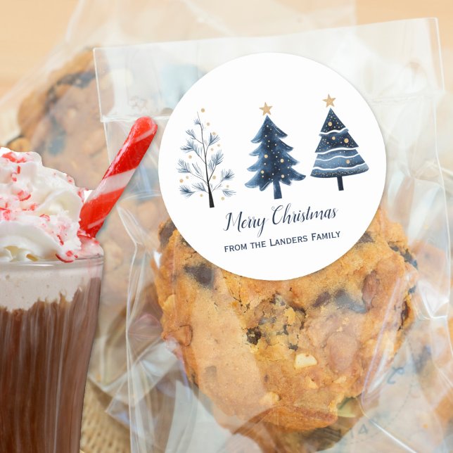 Pegatina Redonda Árboles navideños modernos azules y dorados (Modern Blue and Gold Merry Christmas Trees Personalized Sticker)