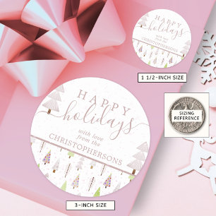 Pegatina Redonda Árboles navideños modernos con guiones rosados