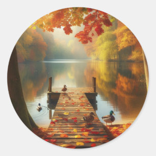 Pegatina Redonda Árboles otoñales y lago con patos