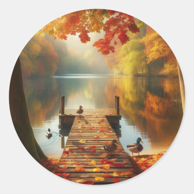 Pegatina Redonda Árboles otoñales y lago con patos (Anverso)
